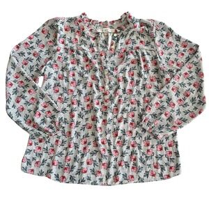 Petite Loft Floral Peasant Ruffle Neck Blouse Top Women's SP Long Sleeve Buttons
